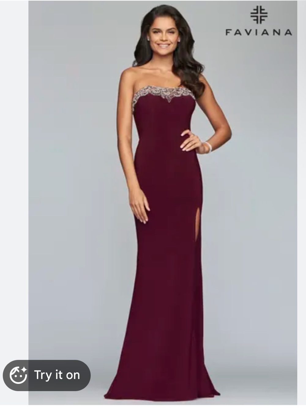 Faviana Strapless Wine Evening Gown with Beaded Scallop Neckline